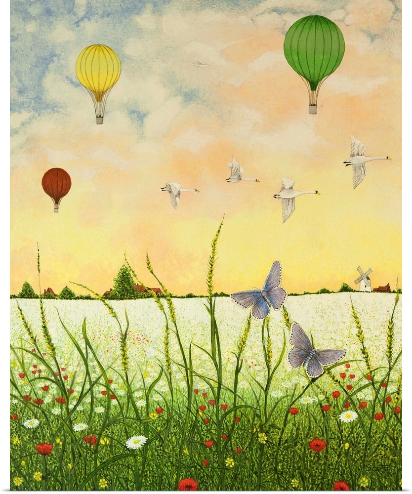 Contemporary painting of butterflies in a field with hot air balloons in the air.