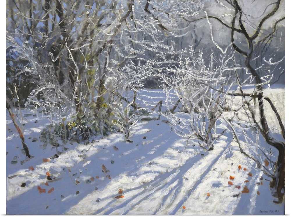 Contemporary painting of a countryside scene covered in the snow of winter.