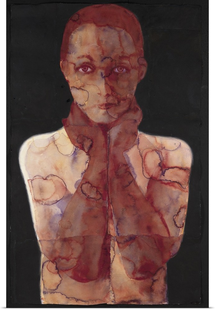 Contemporary watercolor painting of a female figure in reddish warm tones against a black background.