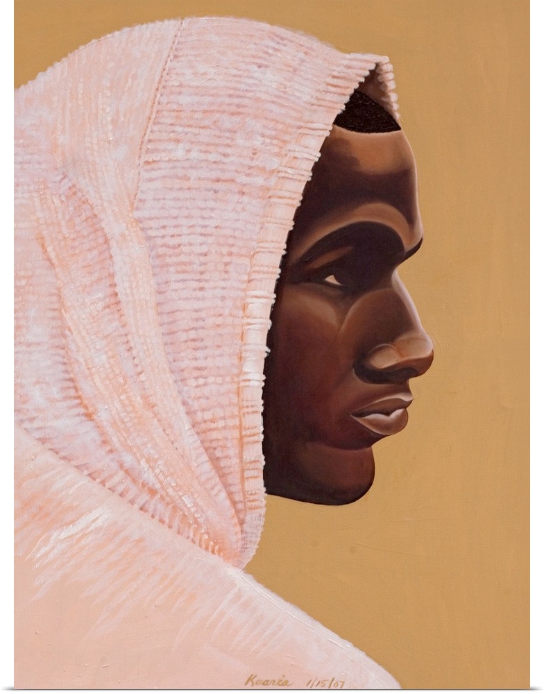 Large painting on canvas of the profile of a man wearing a hooded outfit.