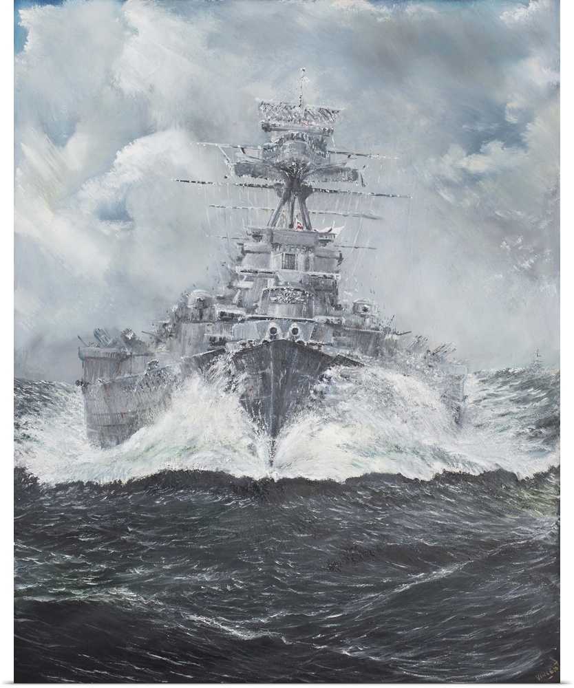 Contemporary painting of a military ship on rough seas.