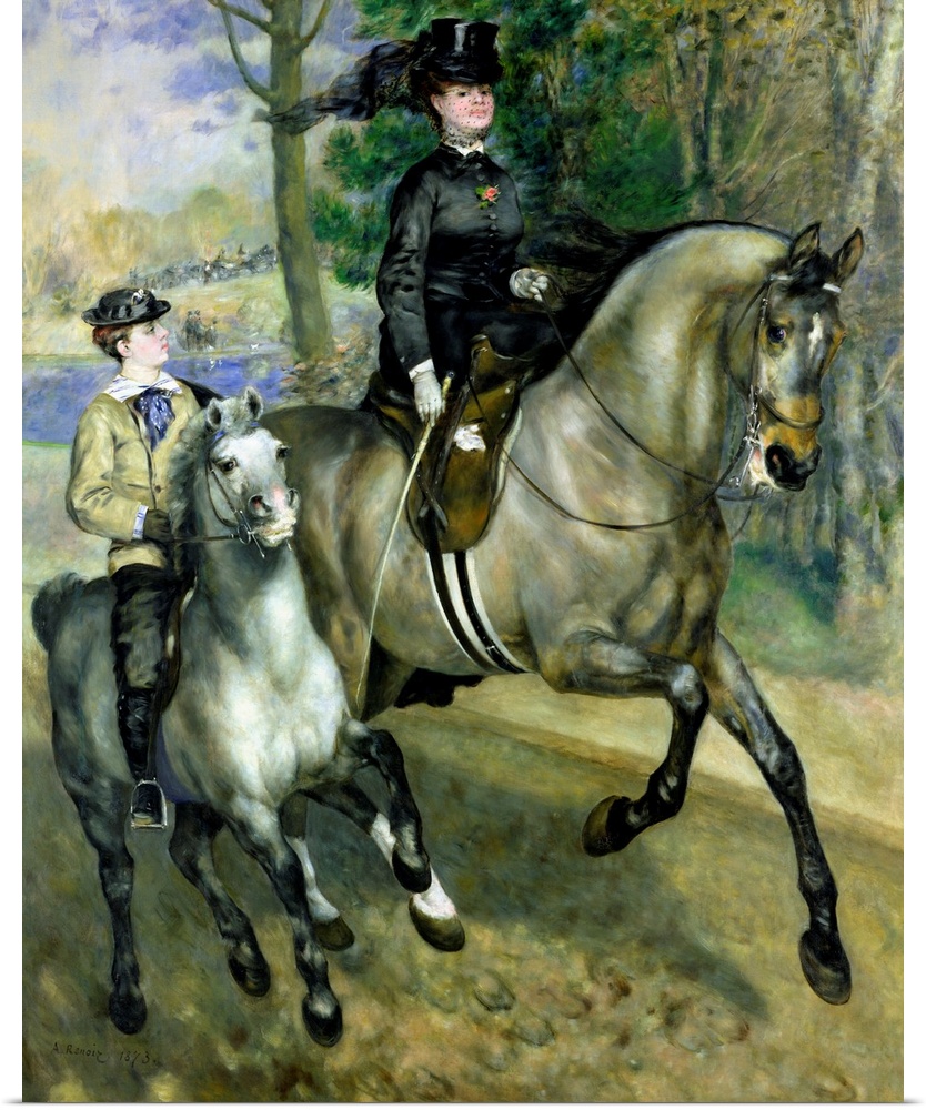 Huge classic art depicts a finely dressed woman and boy riding a couple of horses down a path next to a group of trees.  I...