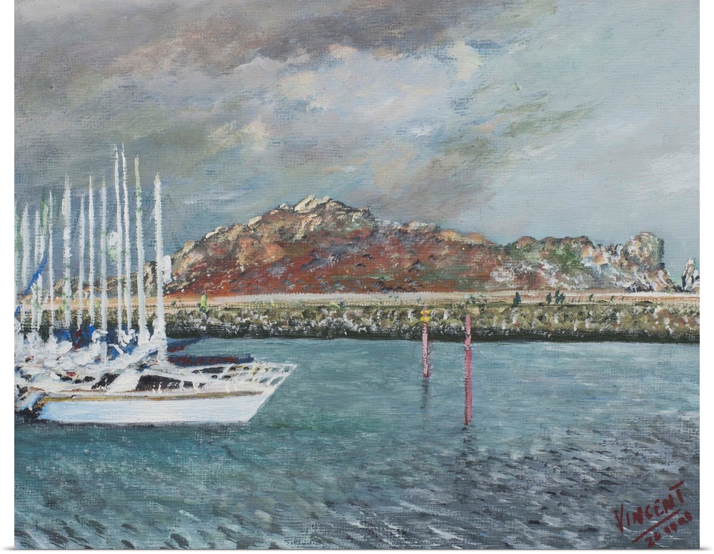 Contemporary painting of sailboats lined up in a harbor.