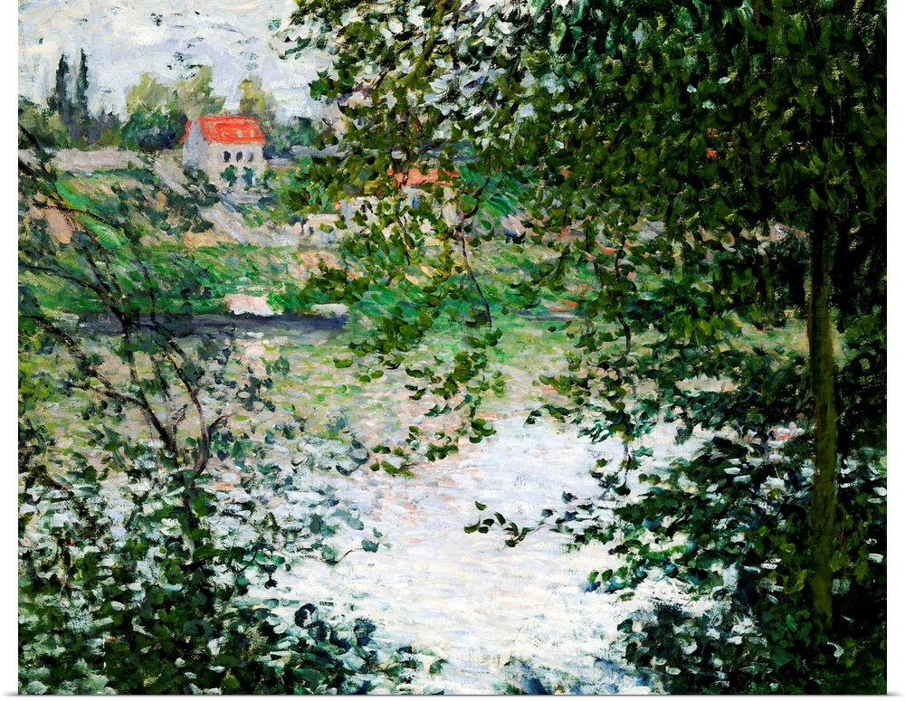 An artistic painting of small houses on a river bank that is viewed through thick brush and trees.