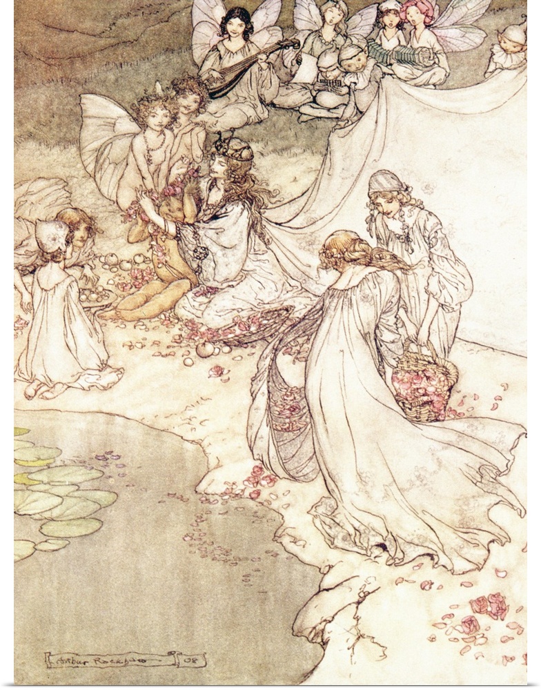 BAL10548 Illustration for a Fairy Tale, Fairy Queen Covering a Child with Blossom  by Rackham, Arthur (1867-1939); Private...