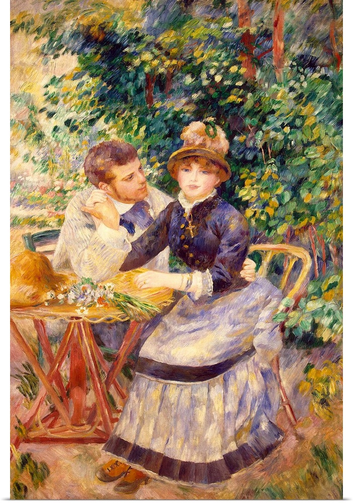 A classic piece of artwork with two people sitting in a garden at a small table as the woman looks on and the man next to ...