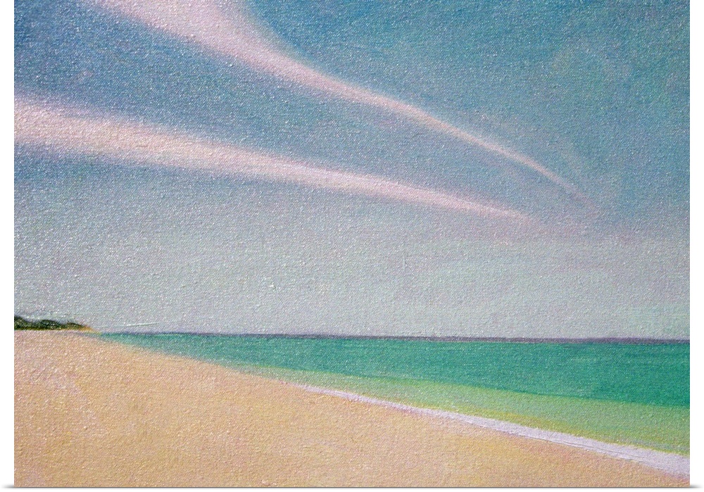 Contemporary painting of a sandy beach with tropical turquoise water and two long clouds stretching over the sky.