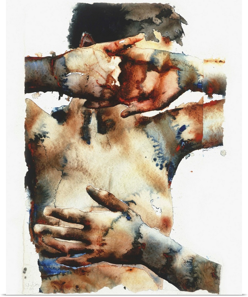 Contemporary watercolor painting of a nude female figure with her hands over face and a hand from someone else covering he...