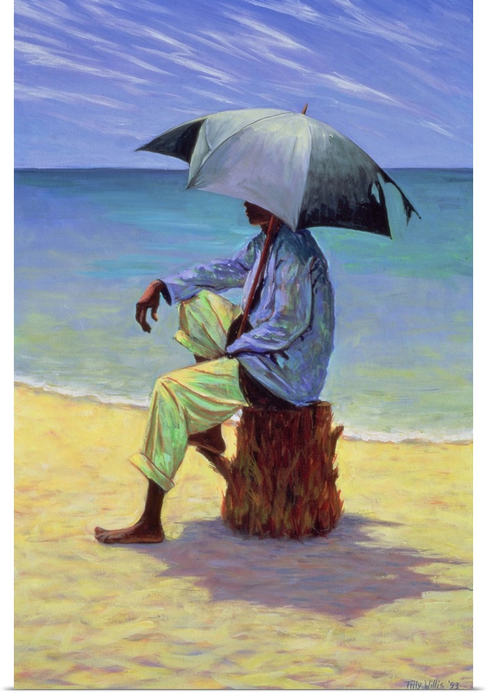 This vertical painting is a figure sitting on a tree stump on a sandy beach with the ocean behind them; their face is obsc...