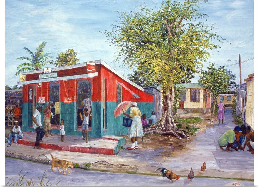 This wall art is a realistic painting of a black community gathered around a general store on a street in Barbados.