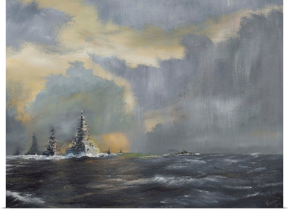 Contemporary painting of a line of ships on the horizon.
