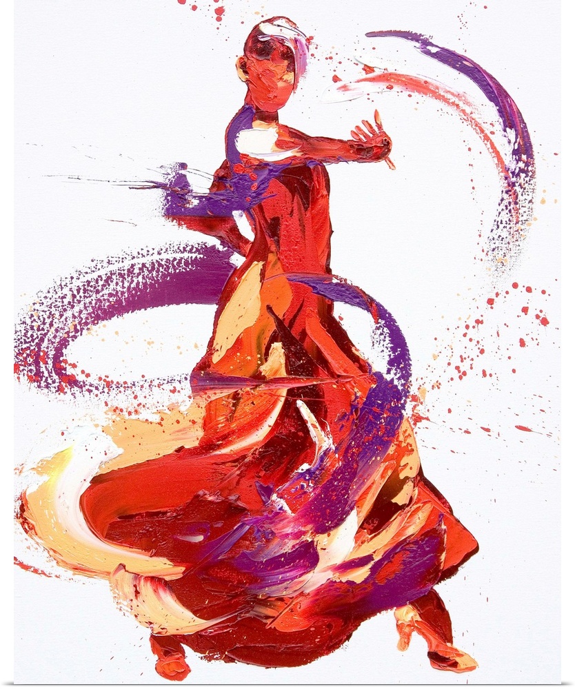 Contemporary painting using deep warm colors to create a woman dancing against a white background.