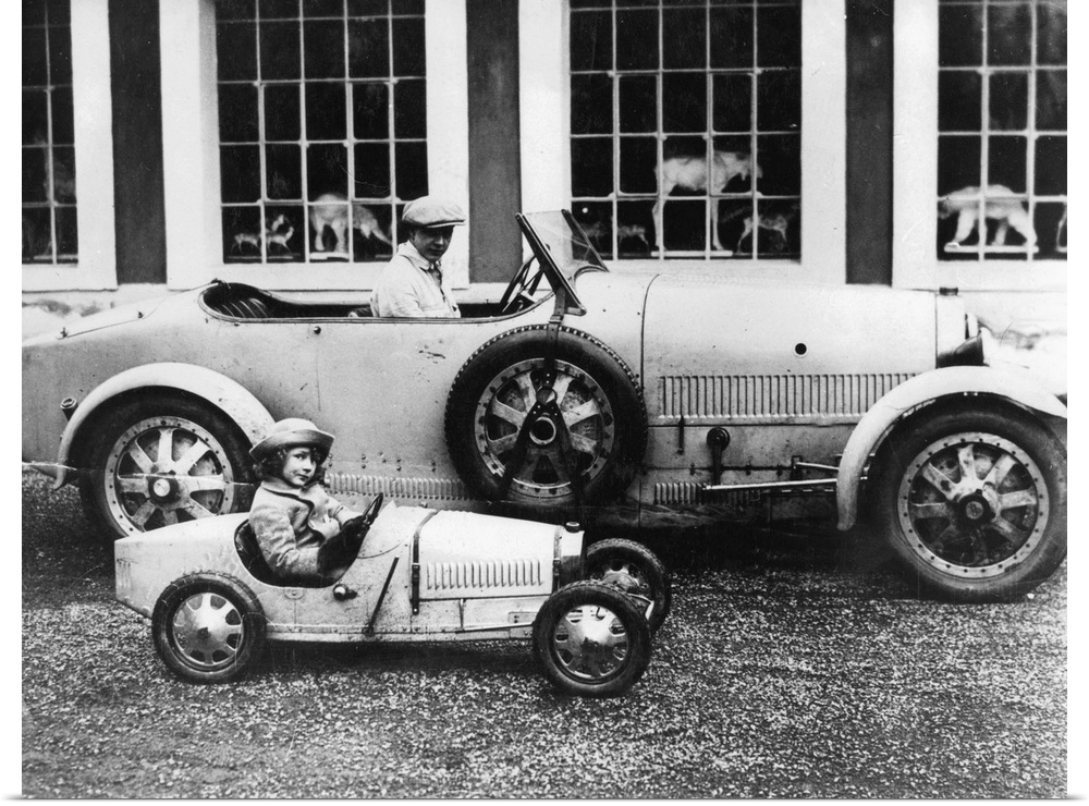 Jean Bugatti (1909) and Roland Bugatti (1922) sons of Ettore Bugatti in cars made by their father, c. 1928