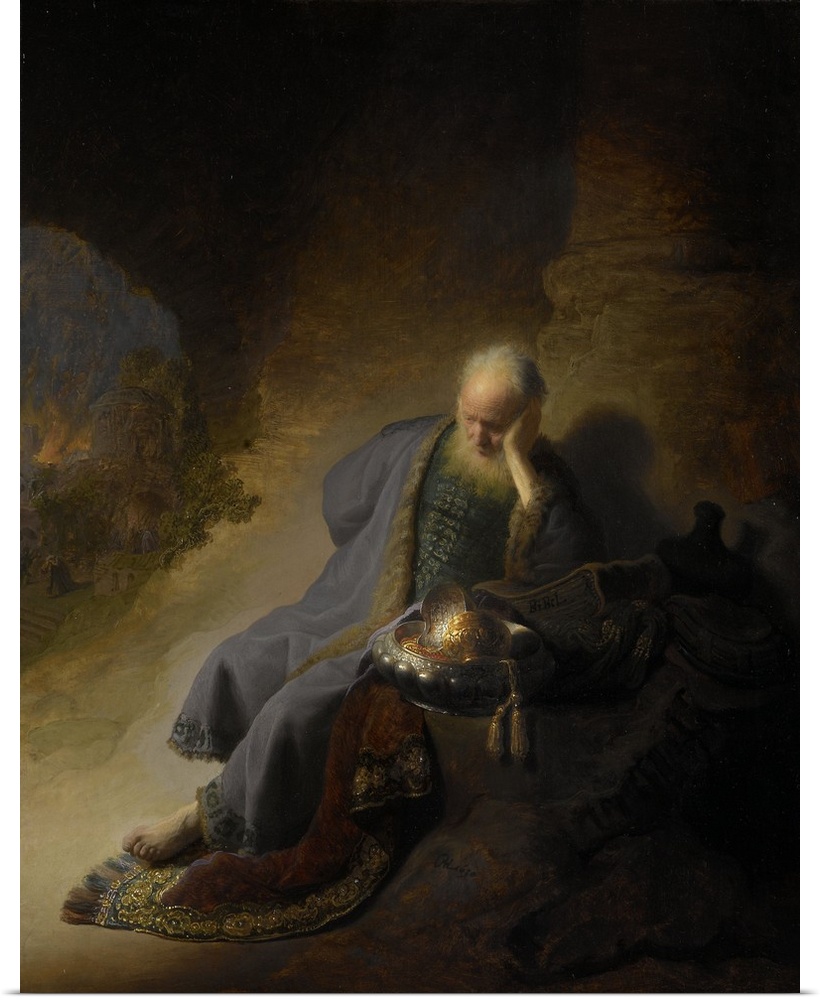 Painting by Rembrandt of Jeremiah Lamenting of the destruction of Jerusalem.