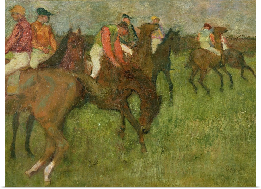 Edgar Degas painting of horses and horse racers in a field.