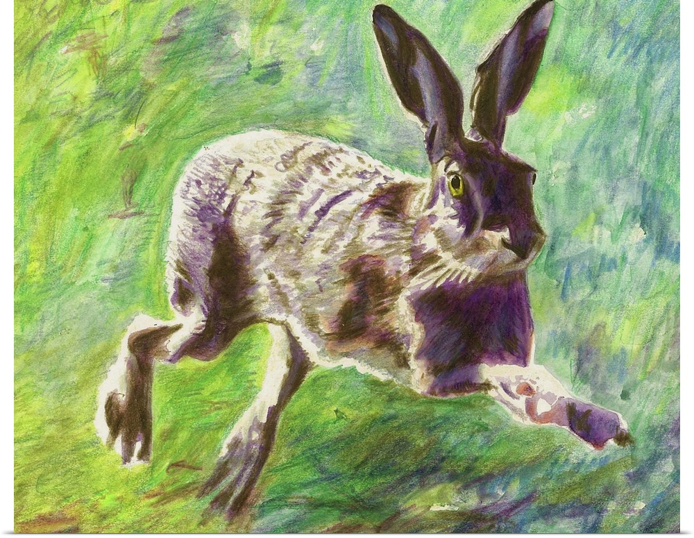 Contemporary painting of a hare leaping as it runs.