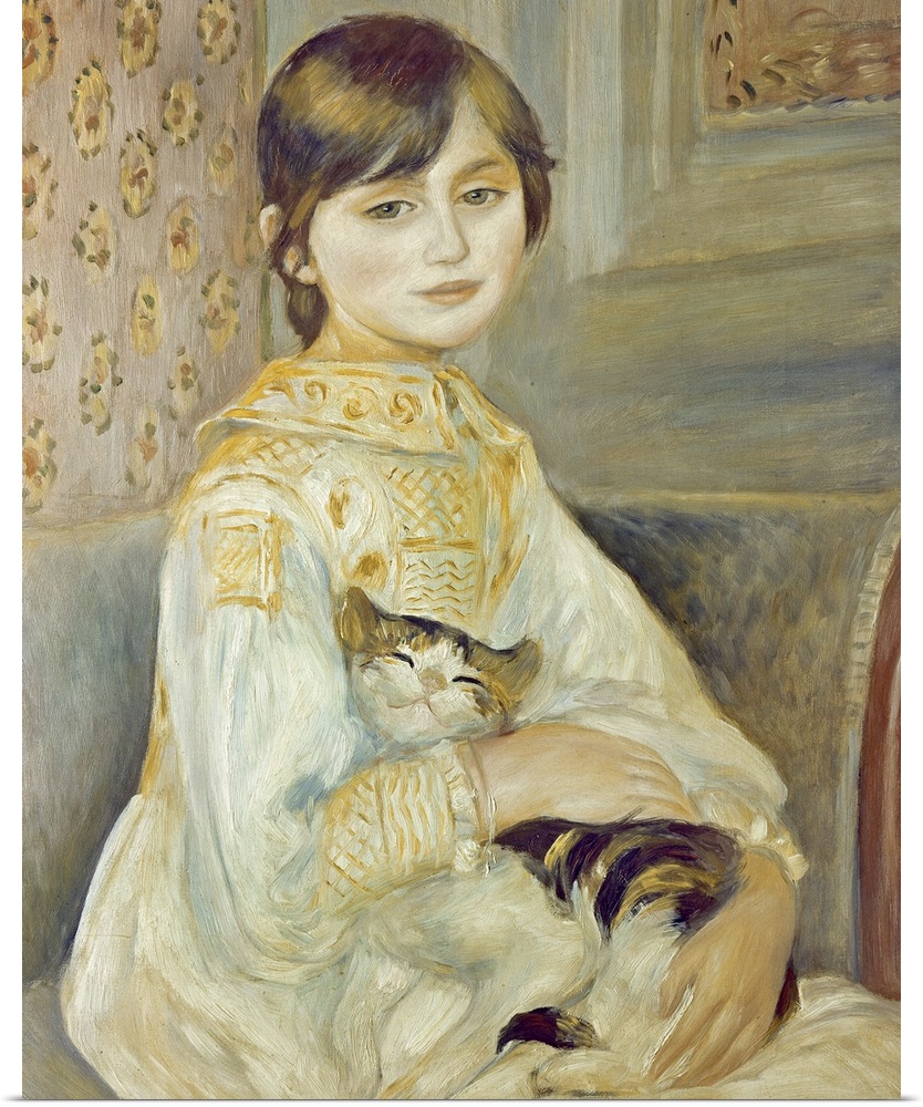 Classic artwork of a small girl as she sits on a couch with her hands wrapped around the cat on her lap.