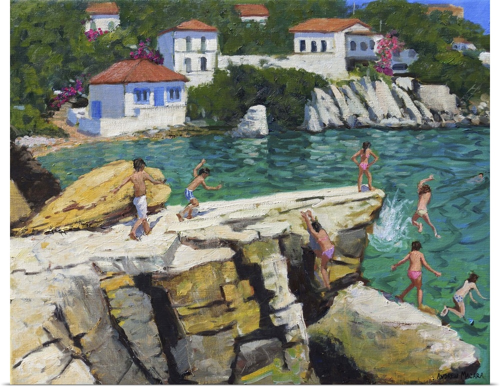Jumping into the sea, Plates, Skiathos, 2015, oil on canvas.  By Andrew Macara.