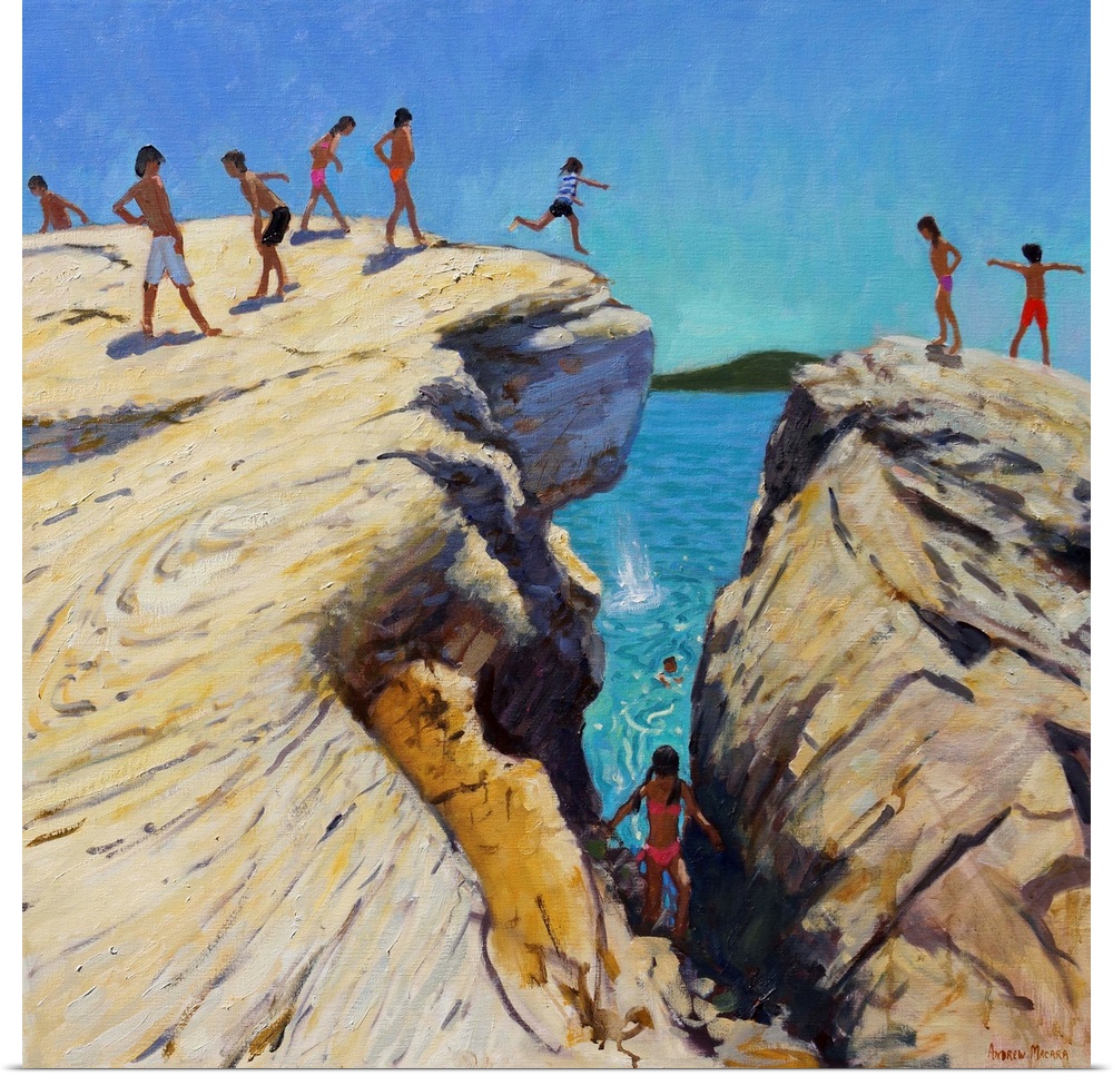 Jumping off the Rocks, Plates, Skiathos, 2015, oil on canvas.  By Andrew Macara.