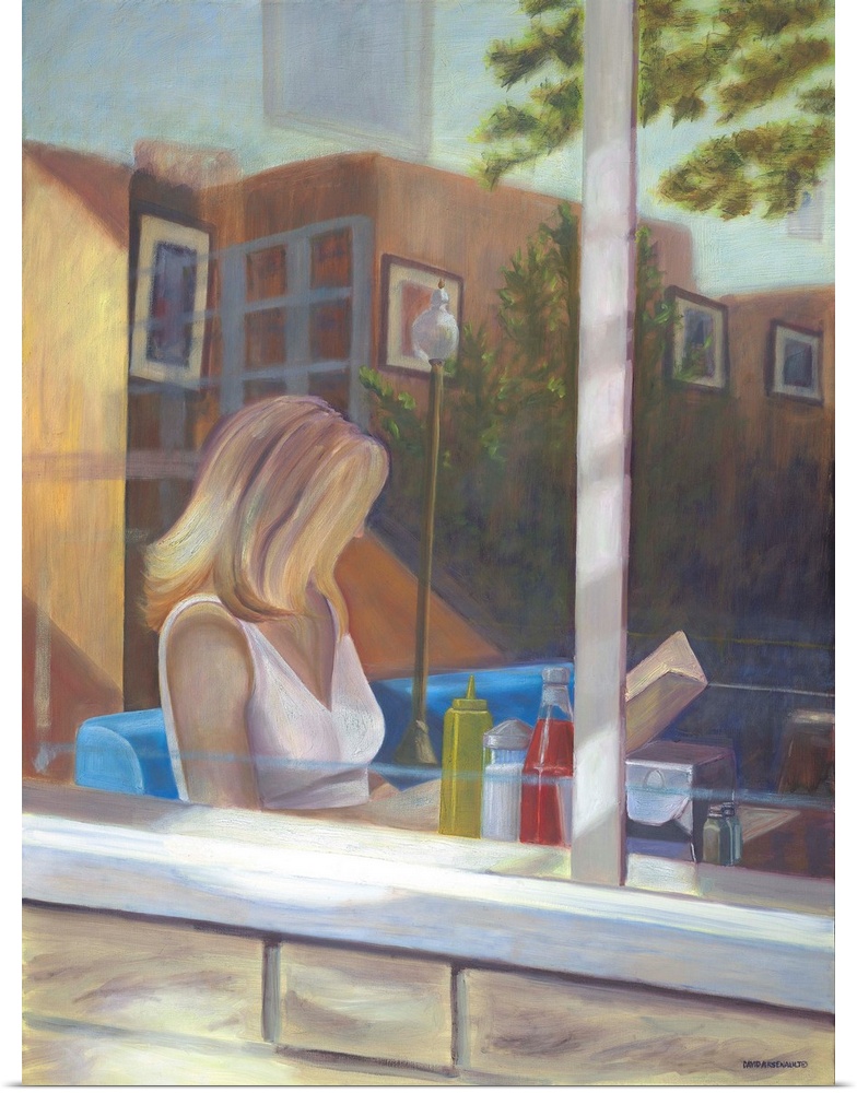 Contemporary painting of a woman reading in a diner, seen through a window.