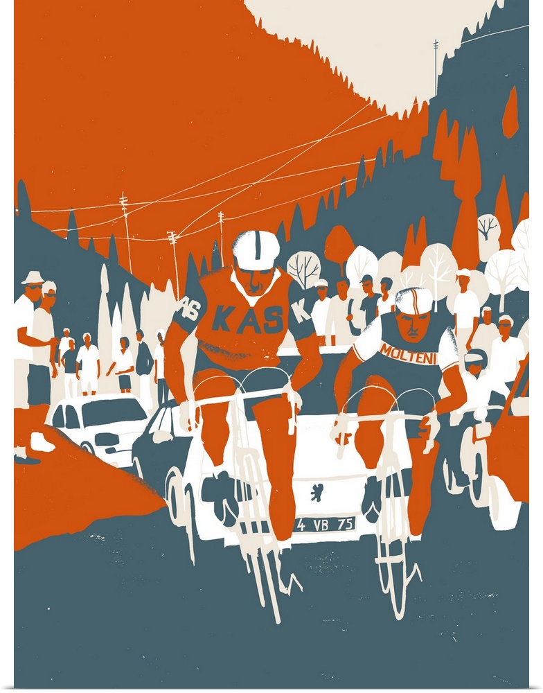 Contemporary illustration of cyclists en route during competition in a muted color scheme.