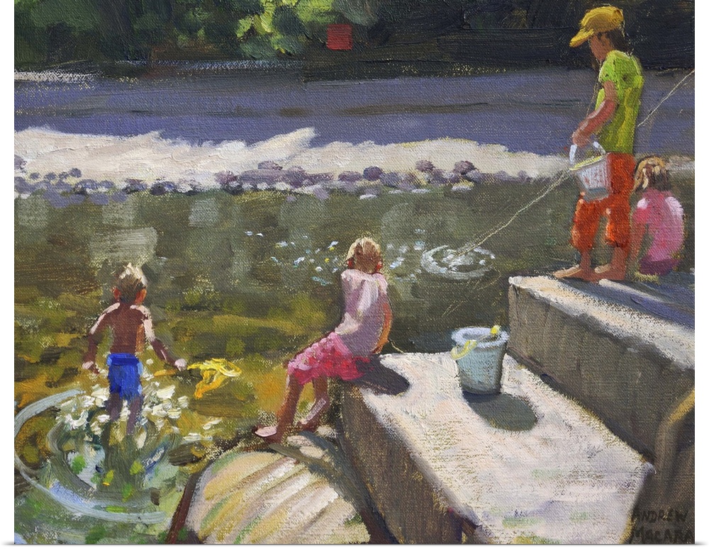 Contemporary painting of children sitting on large stones and fishing in a river.
