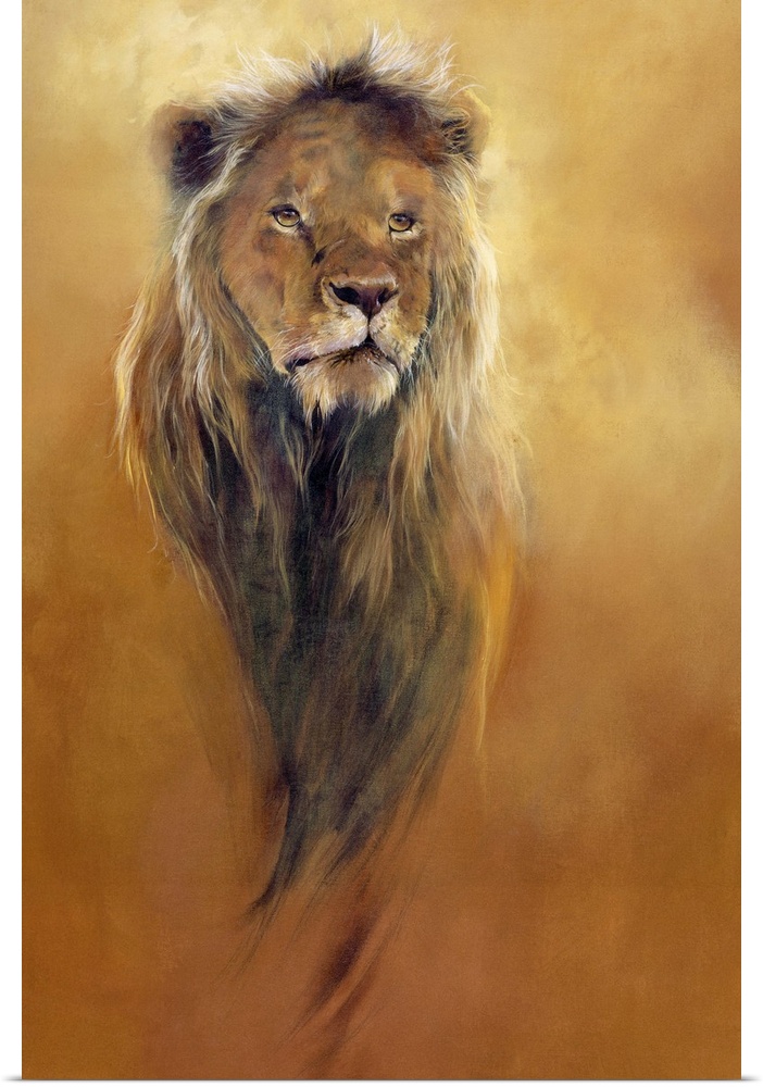 Big, portrait artwork on canvas of the face of a male lion, looking forward.  His mane flows down, while the rest of his b...