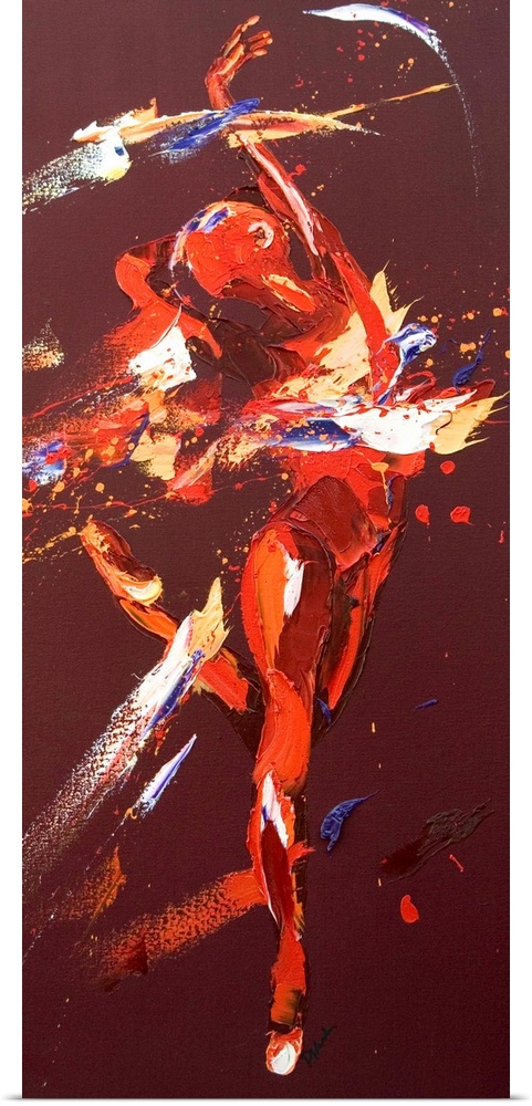 Contemporary painting using deep warm colors to create a woman dancing against a dark red background.