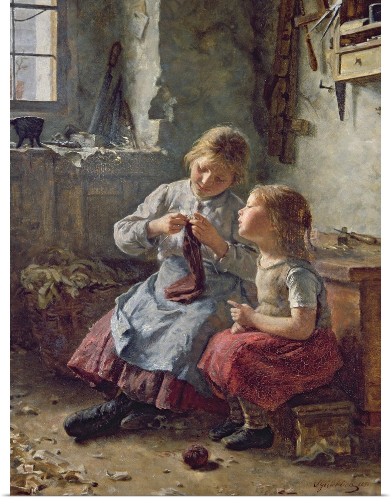 XKH147215 Knitting, 1891 (oil on canvas) by Glucklich, Simon (1863-1943); 72.5x53 cm; Hamburger Kunsthalle, Hamburg, Germa...
