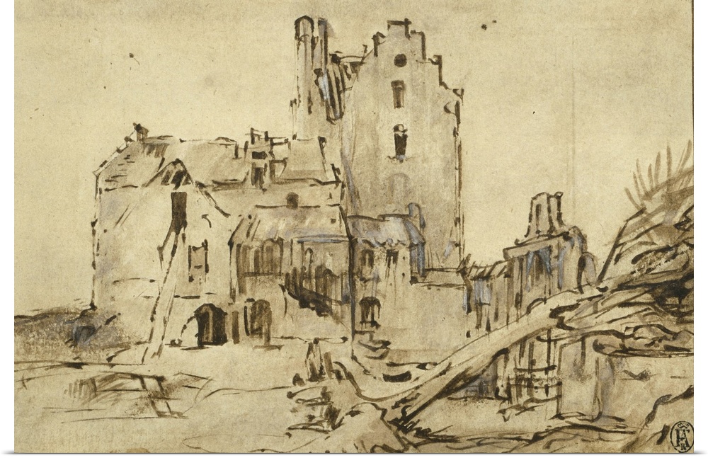 Kostverloren Castle in Decay, 1652-57, pen and brown ink, with brush and brown wash, heightened with touches of white goua...