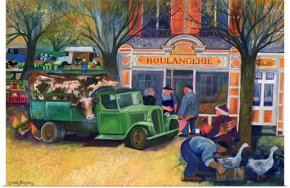 Contemporary painting of a pickup truck unloading in front of a bakery.