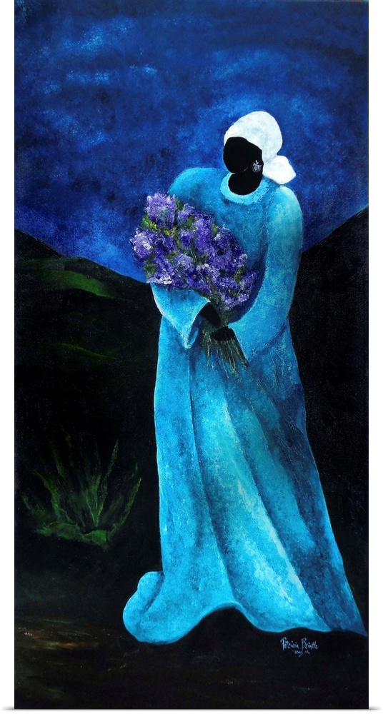 Contemporary painting of a woman carrying a bundle of flowers.