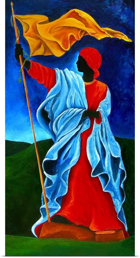 Contemporary painting of a woman wearing red and blue robes flying a yellow flag.