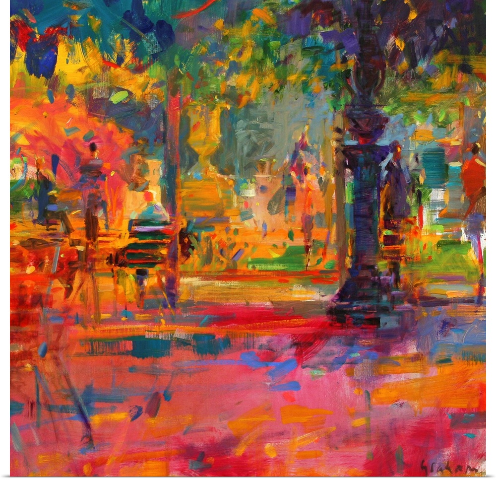 Large contemporary art shows people walking and sitting on benches within a park on a sunny day.  Artist uses short brush ...