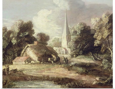 Landscape with a Church, Cottage, Villagers and Animals, c.1771-2