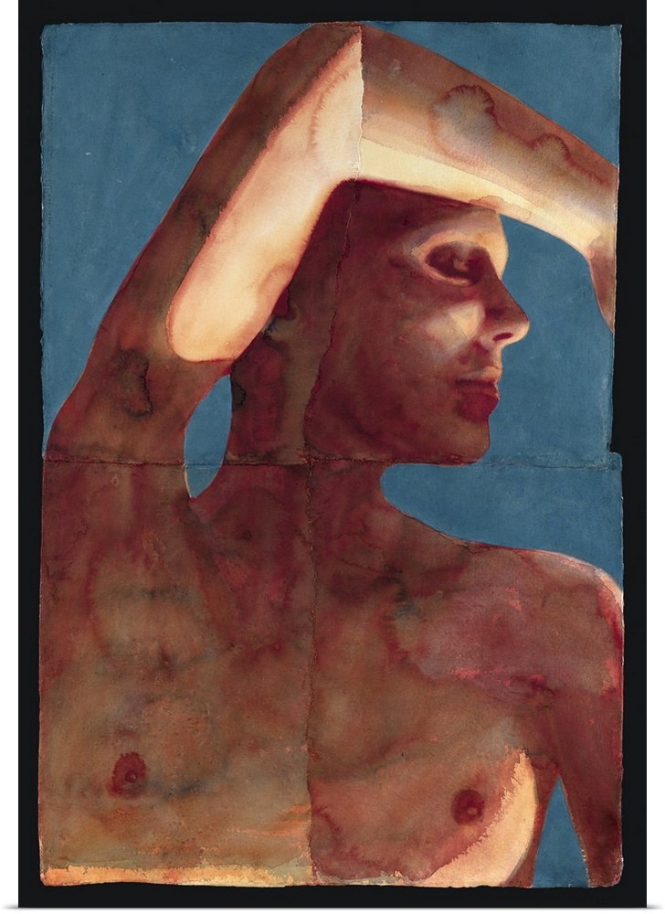Contemporary painting of a nude female with her arm raised over head against a blue background.