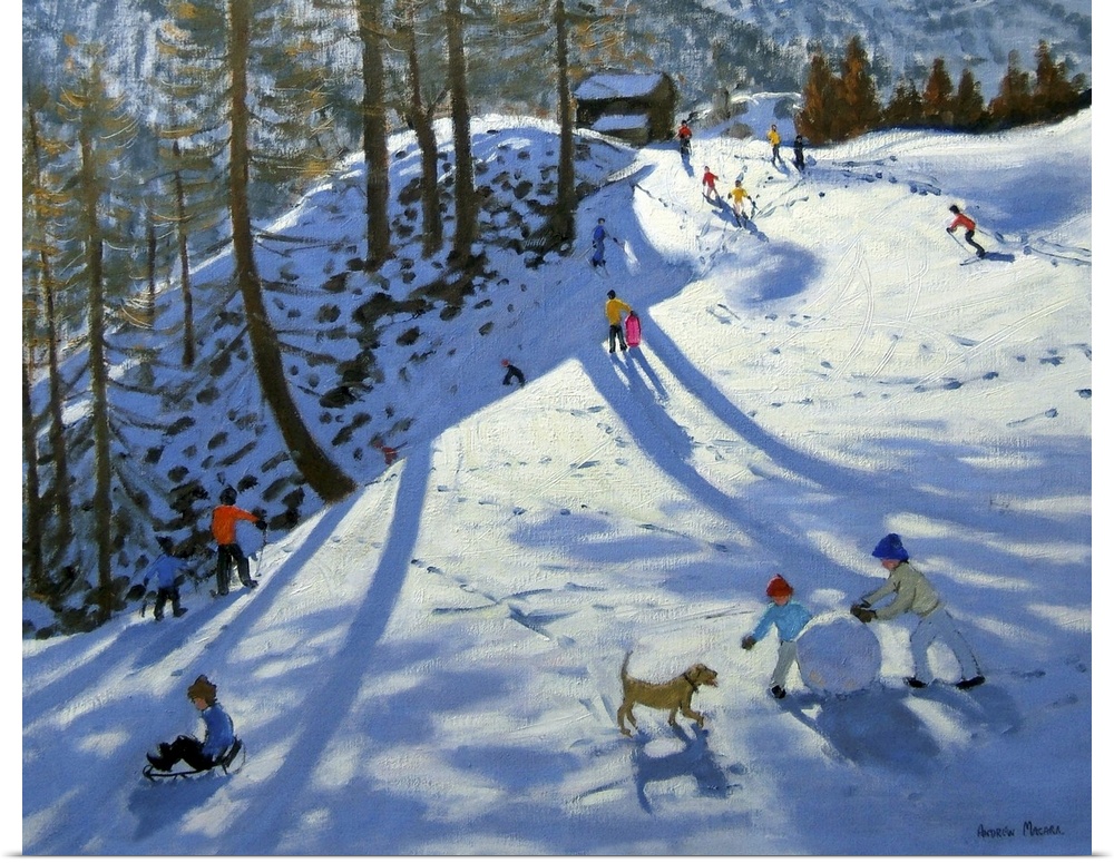 Artwork of children playing on a snow covered hill with footprints all around and a mountain range painted in the background.