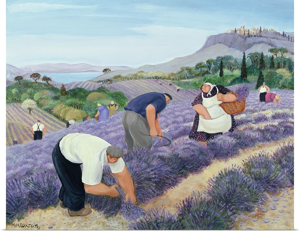 Contemporary painting of people harvesting lavender.