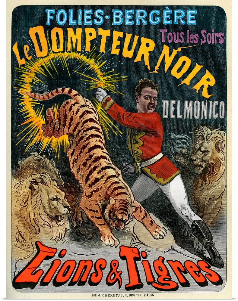 Advertising show with Delomico, a lion tamer (in French 'belluaire', lit. 'gladiator') and lions and tigers. Showing a tig...