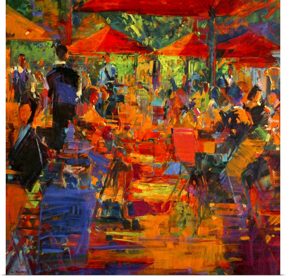 Giant, abstract canvas art of a cafo with many people seated under umbrellas, in a variety of vibrant colors and thick bru...