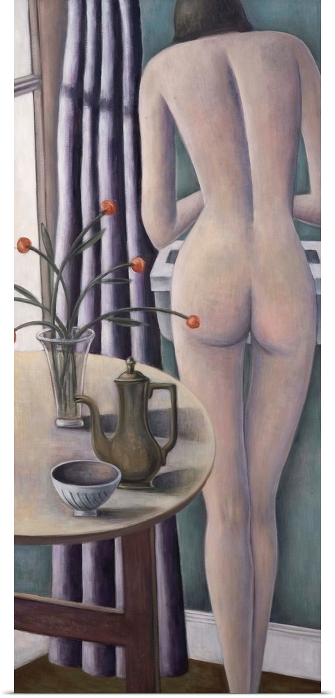 Contemporary painting of a nude woman standing beside a table.