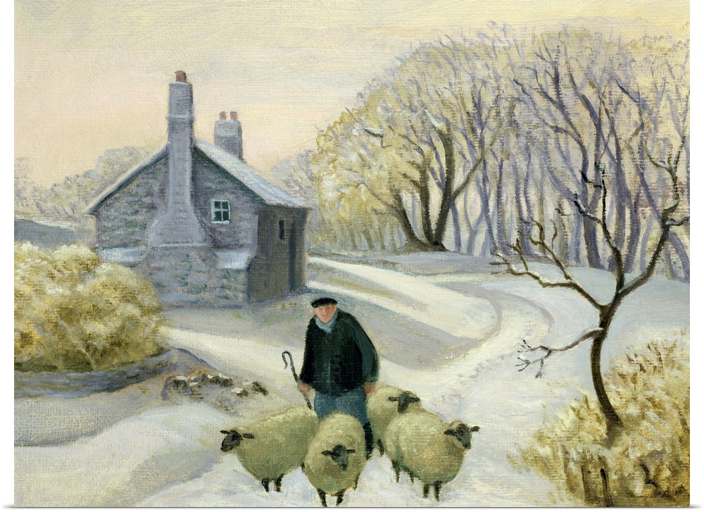 Contemporary painting of a shepherd tending to his flock in the winter.