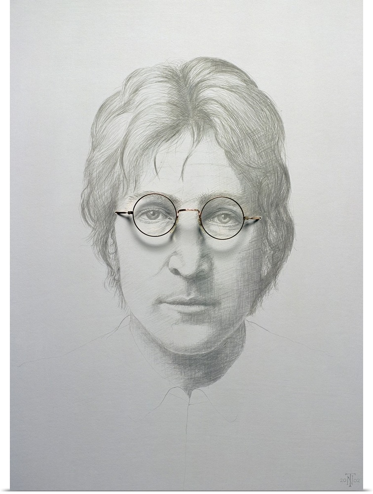 Oversized, vertical artwork of a sketch of John Lennon with wavy, short hair and round glasses.  The image is drawn from t...