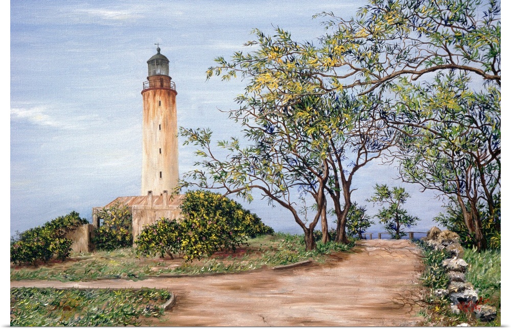 Painting of dirt path circling watch tower surrounded by bushes.