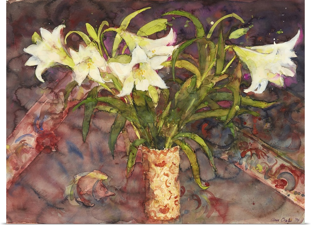 A beautiful watercolor painting utilizing a combination of mediums in a transitional style, featuring tall white lilies in...