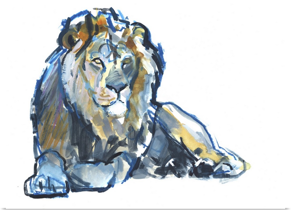 Contemporary artwork of a lion outlined in blue and filled in with color on a solid white background.