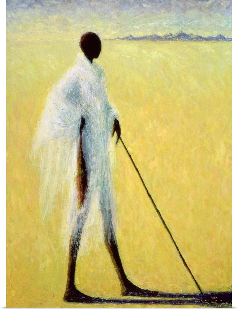 A vertical impressionistic painting of a stylized and elongated black figure draped in wispy fabric stands in the desert l...
