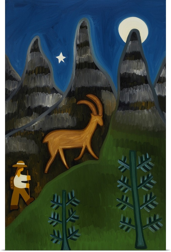 Contemporary painting of a goat in a forest at night.