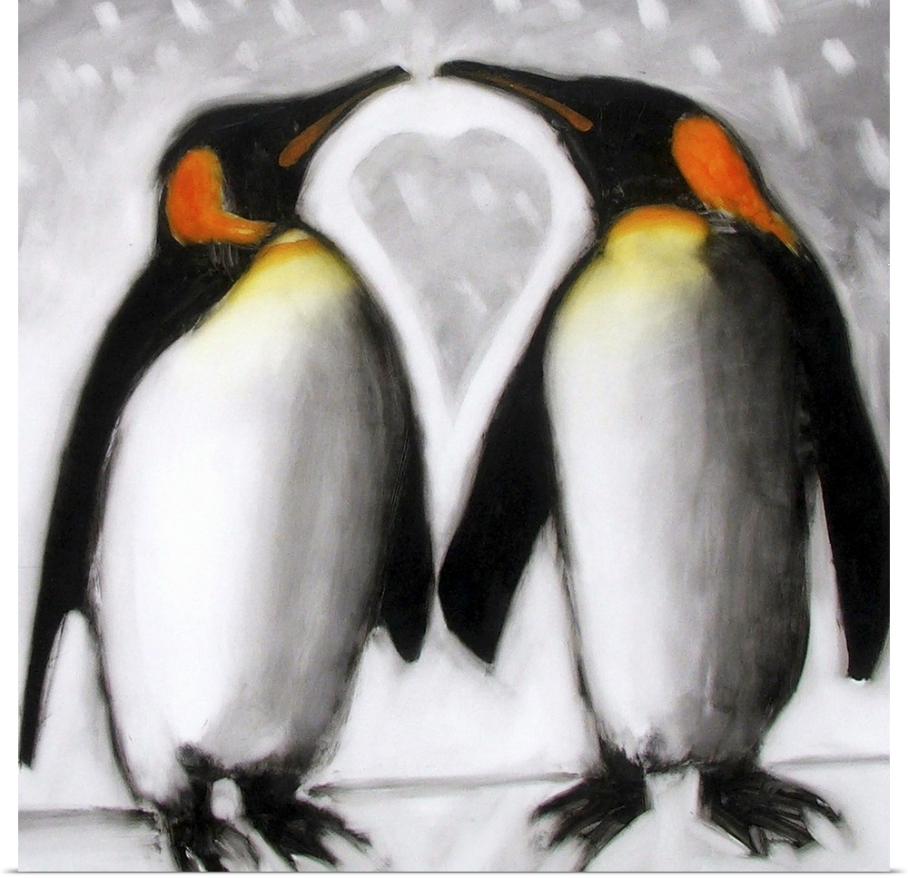 Contemporary artwork of two penguins standing next to each other almost beak to beak with a heart shape formed in between ...