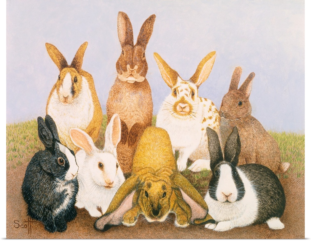 Contemporary painting of eight different breeds of rabbit.